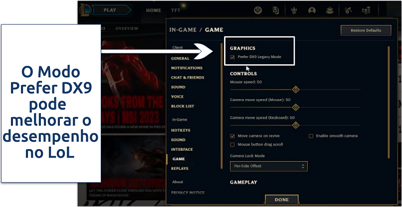 Captura de tela habilitando Preferir Modo Legado DX9 no LoL