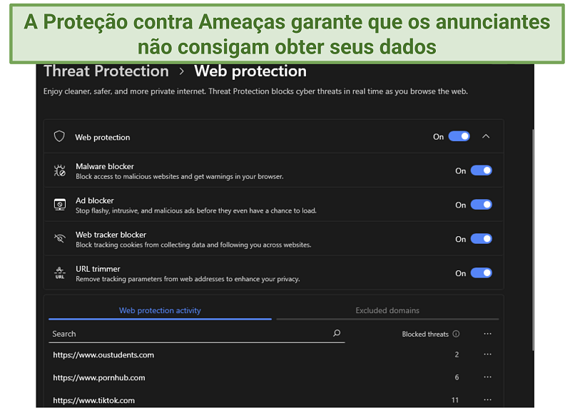 Captura de tela da proteção contra ameaças da NordVPN mostrando seus recursos personalizáveis