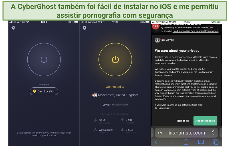 Uma captura de tela mostrando o aplicativo CyberGhost iOS conectando a um servidor no Reino Unido para assistir pornografia com segurança no xHamster