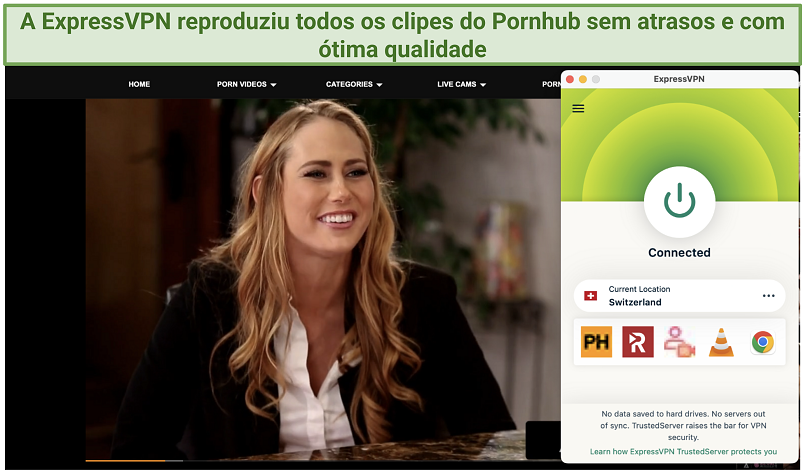 Uma captura de tela mostrando o aplicativo da ExpressVPN conectado a um servidor na Suíça com um navegador transmitindo o Pornhub