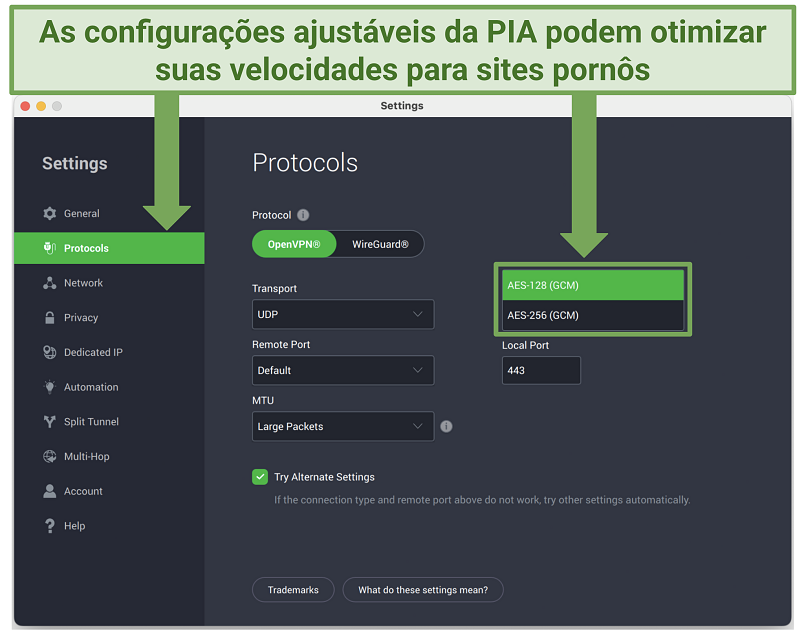 Uma captura de tela mostrando como alterar níveis de criptografia no painel de configurações do app PIA