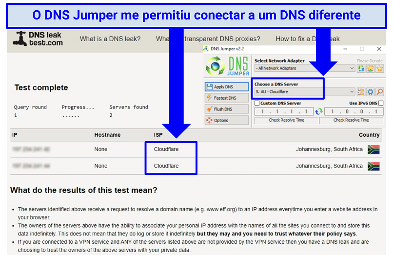 Uma captura de tela mostrando que você pode usar um DNS Jumper para se conectar a outro DNS