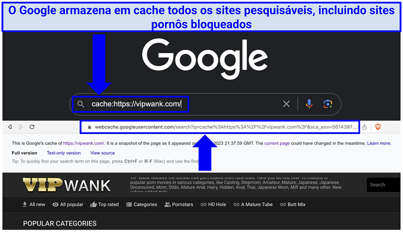 Captura de tela mostrando como usar o Cache do Motor de Busca do Google para acessar sites pornôs bloqueados