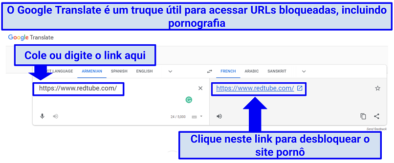 Uma captura de tela mostrando como usar o Google Tradutor para desbloquear sites pornôs