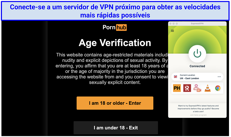 Captura de tela mostrando o aplicativo ExpressVPN conectado a um servidor no Reino Unido sobre a página de verificação de idade do PornHub