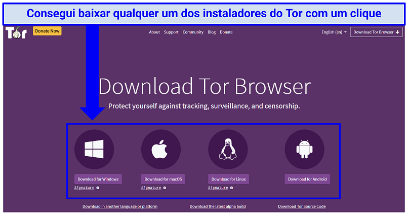 Uma captura de tela mostrando como fazer download do Navegador Tor