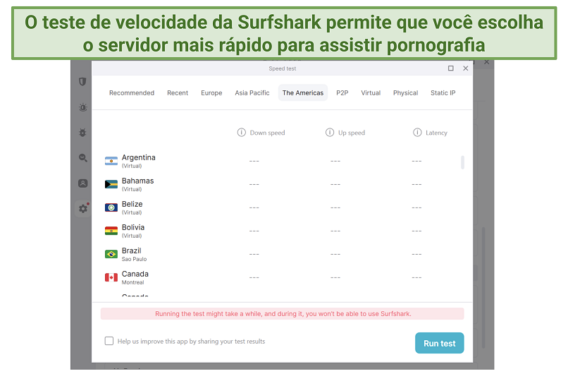 Captura de tela mostrando a ferramenta de teste de velocidade da Surfshark no aplicativo para Windows
