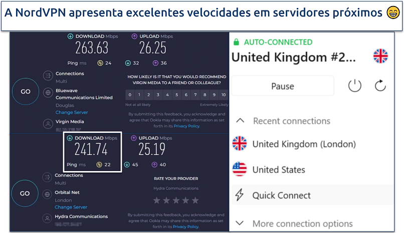 Screenshot of Ookla speed tests done with no VPN and while connected to NordVPN's server in London