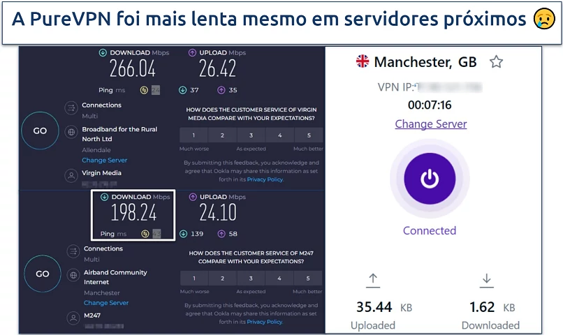 Screenshot of Ookla speed tests done with no VPN and while connected to PureVPN's server in Manchester