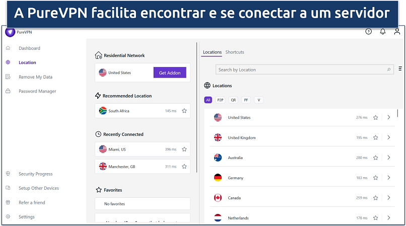 Screenshot of PureVPN clutter-free Windows dashboard