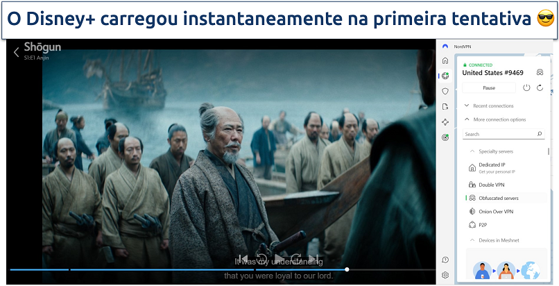 Screenshot of Shogun on Disney+, with NordVPN connected to a US server