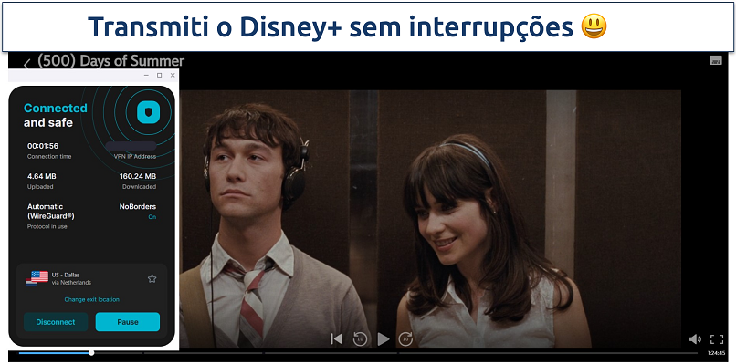 Screenshot of 500 days of summer on Disney+, with Surfshark connected to a Multihop US-Netherlands server