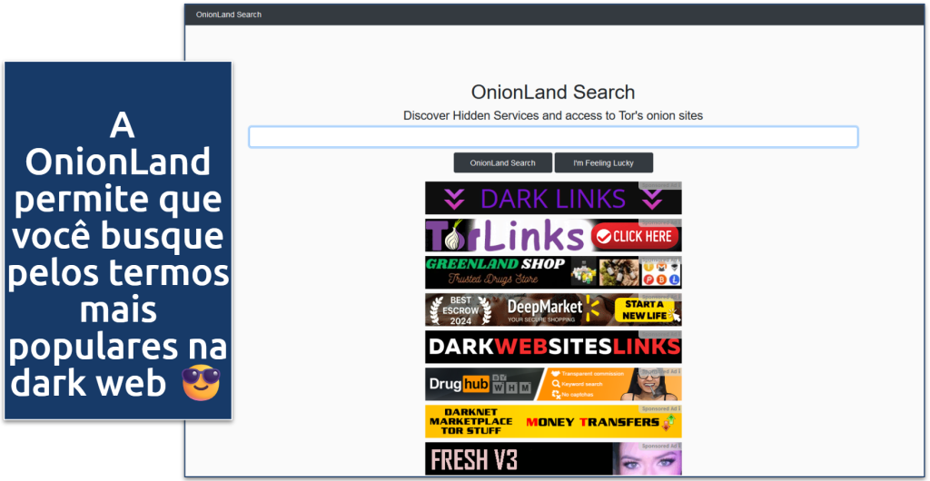 Captura de tela do motor de busca OnionLand Search