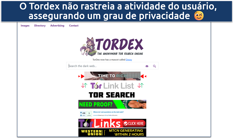 Captura de tela do motor de busca TorDex