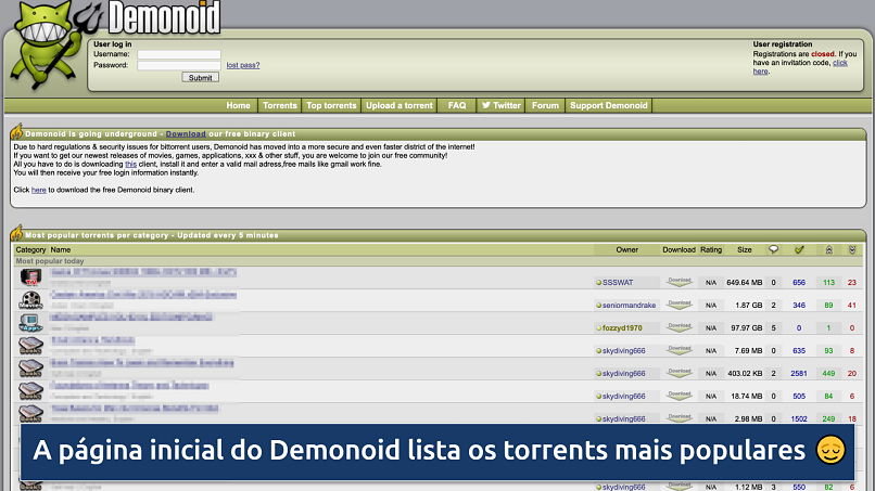 Screenshot of the Demonoid homepage