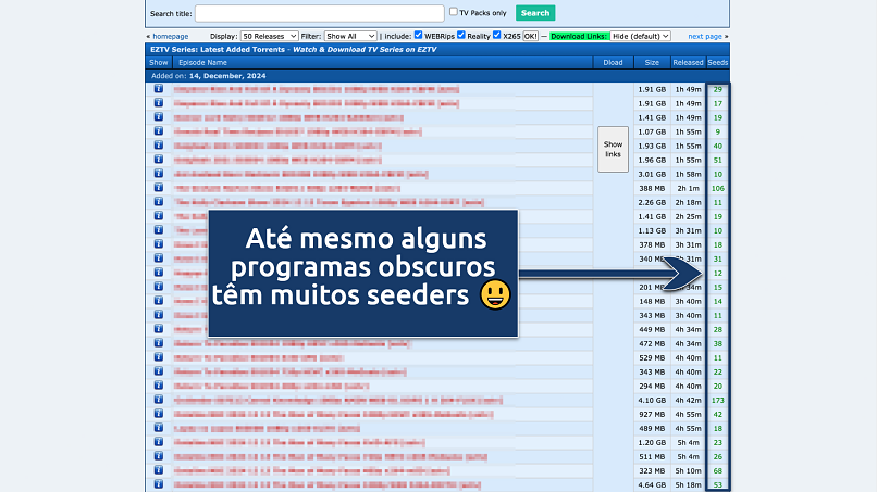 Screenshot of the eztv search results page