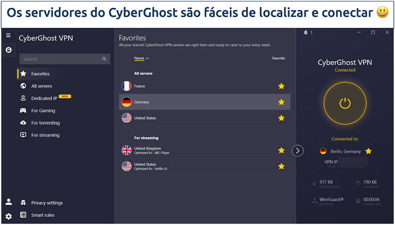 Screenshot of CyberGhost's Windows app showing a