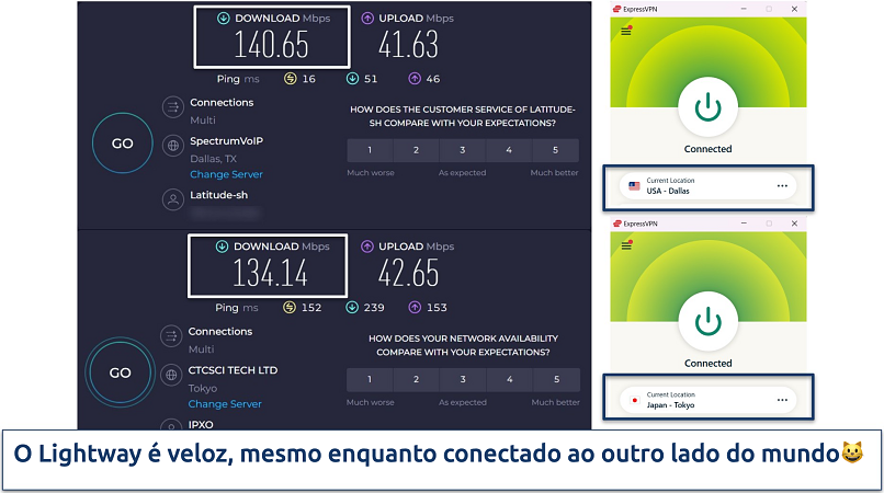Screenshot of ExpressVPN's app next to Ookla speed tests on Dallas and Tokyo servers