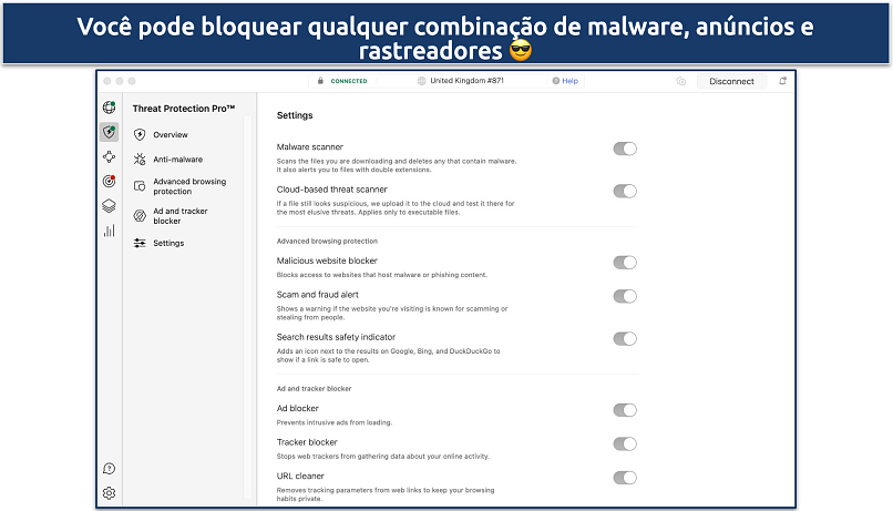 Screenshot of the Settings tab on NordVPN's Threat Protection Pro