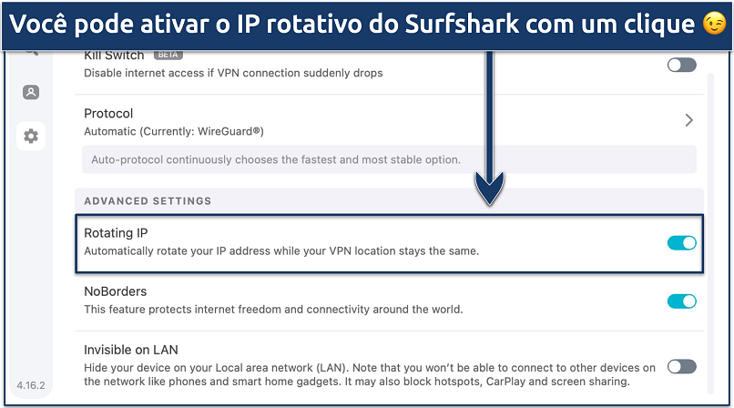 Screenshot showing how to activate Surfshark's Rotating IP feature