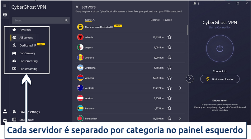 Screenshot of the streaming servers on the CyberGhost app