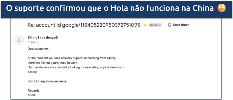 Screenshot of Hola's customer support responding to email