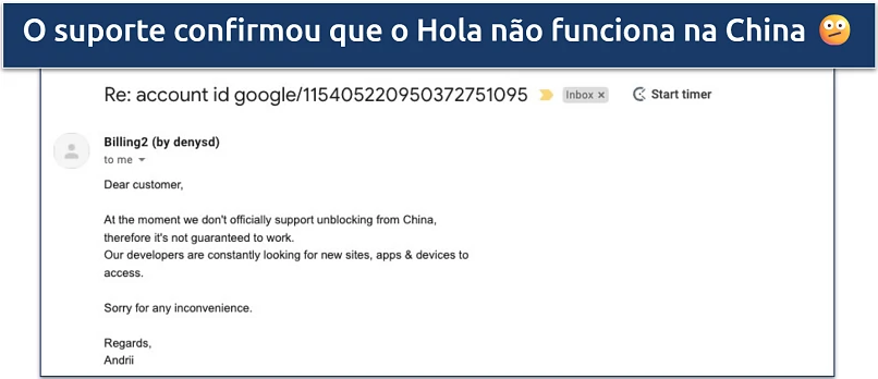Screenshot of Hola's customer support responding to email
