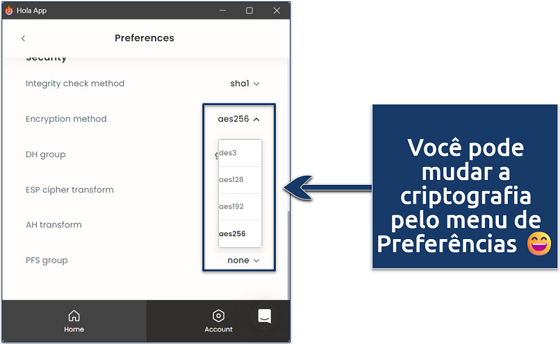 Screenshot showing how to change Hola's encryption