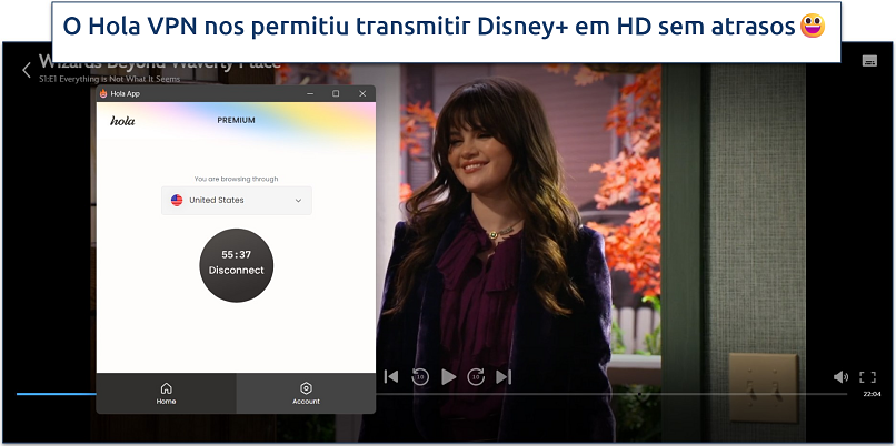 Screenshot of Disney+ streaming with Hola VPN connected