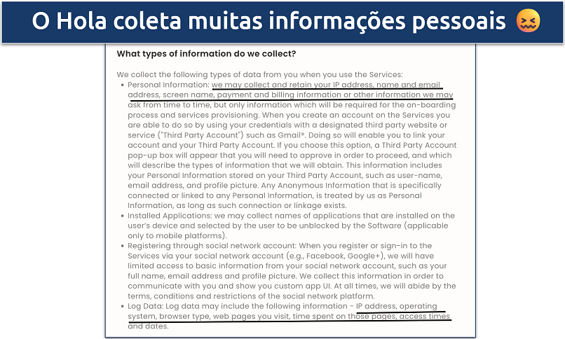 Screenshot of Hola's invasive privacy policy