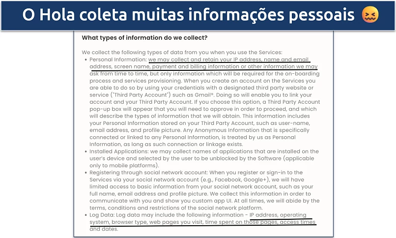 Screenshot of Hola's invasive privacy policy