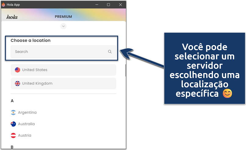 Screenshot showing how to search for a server location