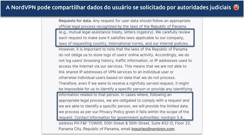 Screenshot of NordVPN's privacy policy showing it may share user data is requested