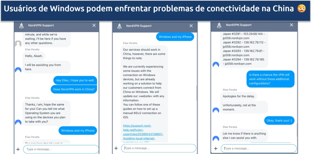 Screenshot of a chat with NordVPN support regarding the VPN's connectivity in China