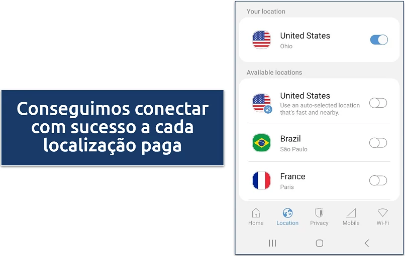 Screenshot of Samsung Max VPN's server network in the mobile app 