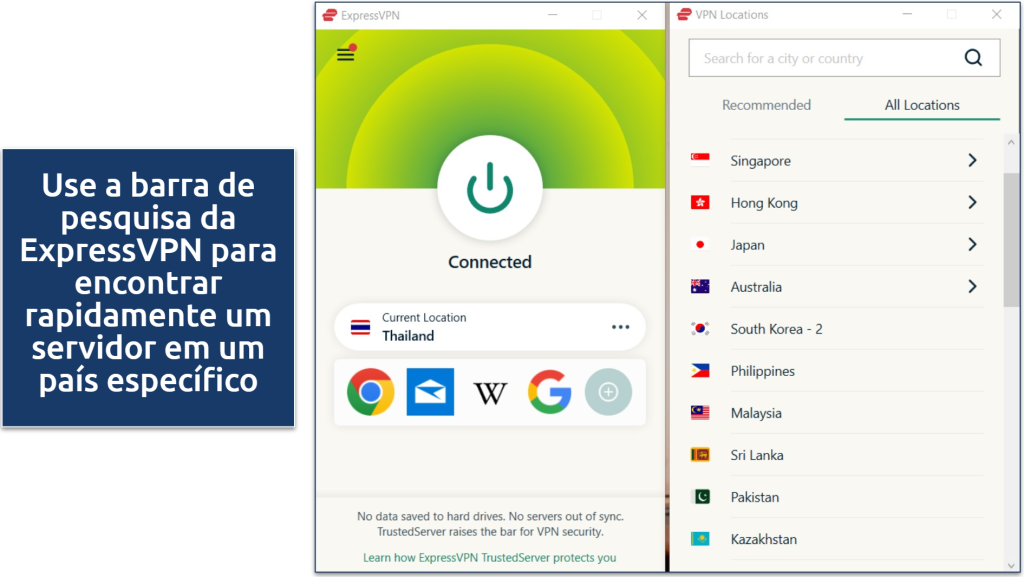 A screenshot showing the ease of connecting to a server with ExpressVPN