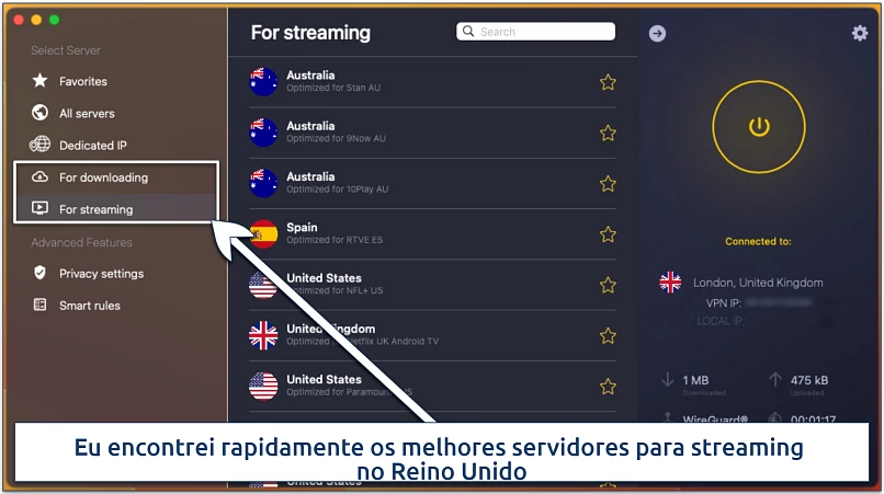 Screenshot of the servers optimized for streaming in the CyberGhost macOS app