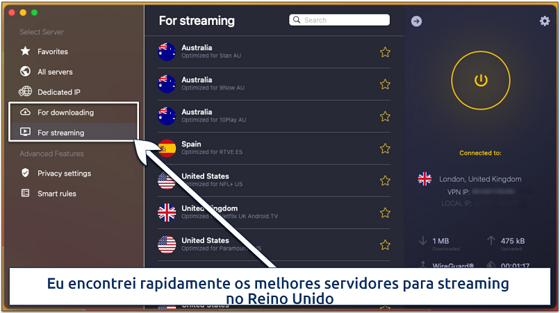 Screenshot of the servers optimized for streaming in the CyberGhost macOS app