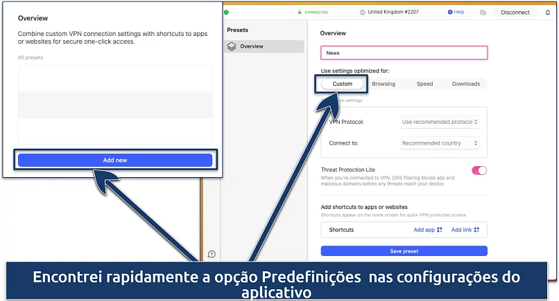 Screenshot of the Presets option in the NordVPN app