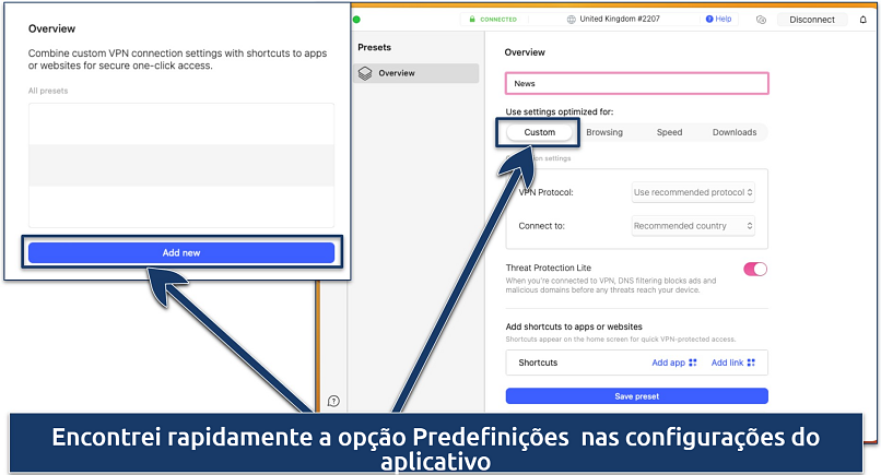 Screenshot of the Presets option in the NordVPN app