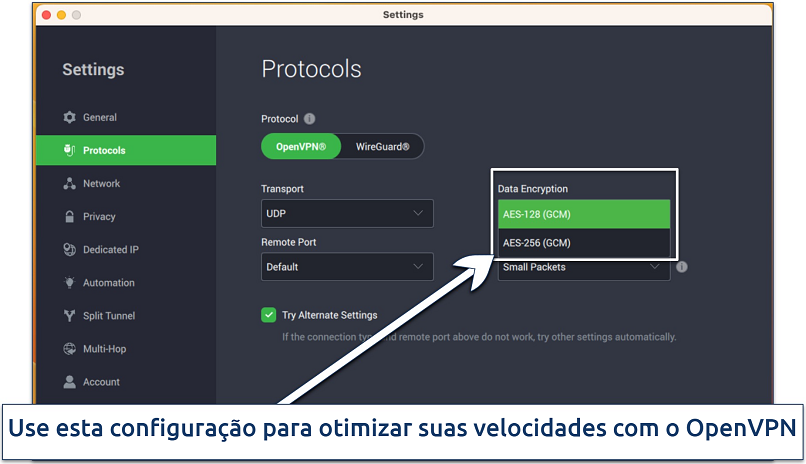 Screenshot of PIA's settings to customize encryption and protocols