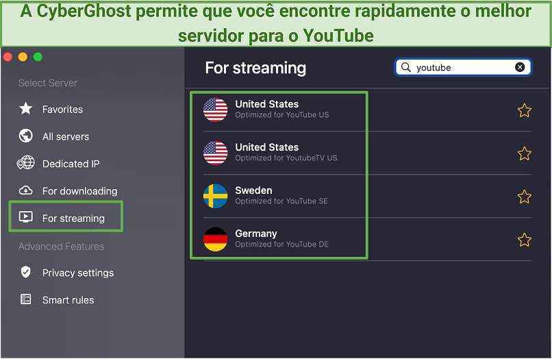 A screenshot of CyberGhost optimized servers for streaming
