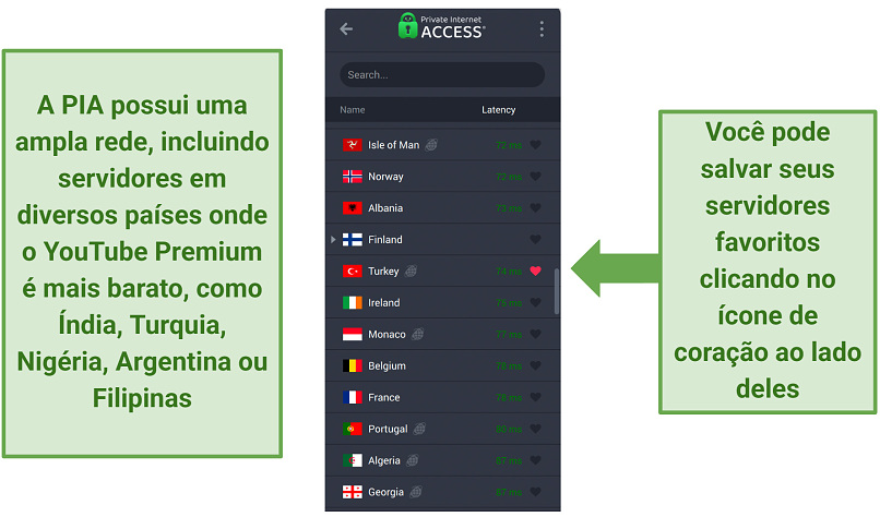 A screenshot of PIA's server list