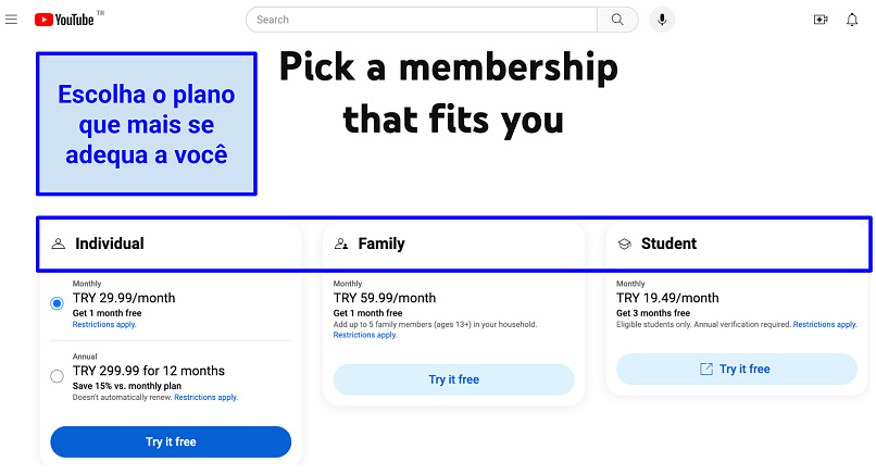 A screenshot of the YouTube Premium available plans