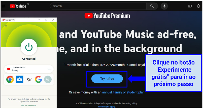 A screenshot of the YouTube Premium Turkey homepage