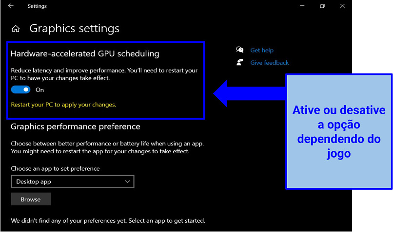 Captura de tela das Configurações Gráficas do Windows