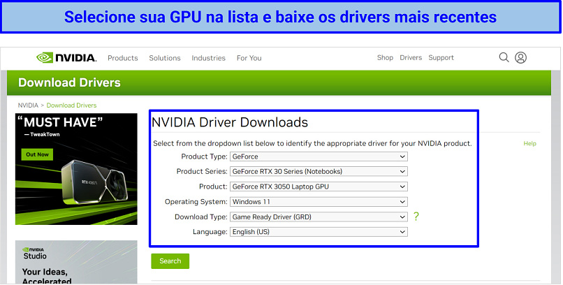 Captura de tela da página de drivers da NVIDIA