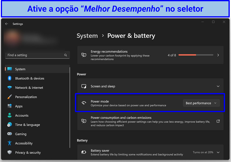 Captura de tela das Configurações de Energia & Bateria do Windows