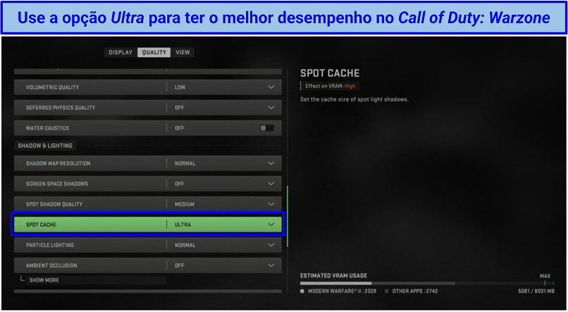 Captura de tela das Configurações de Qualidade do Warzone