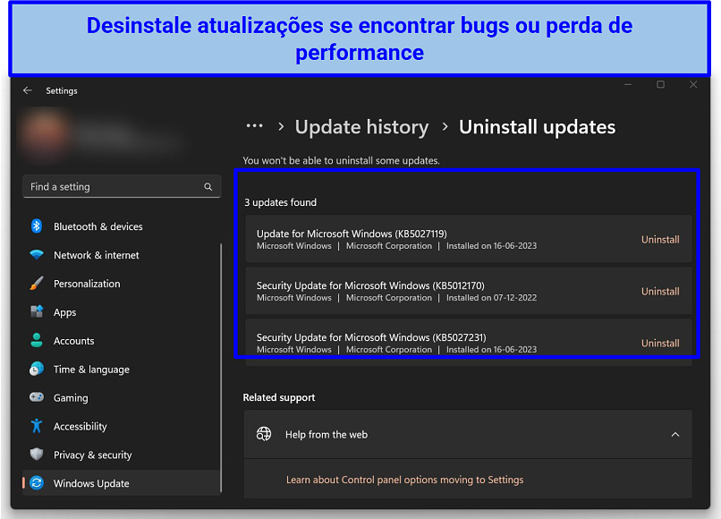 Captura de tela do Histórico de Atualização do Windows